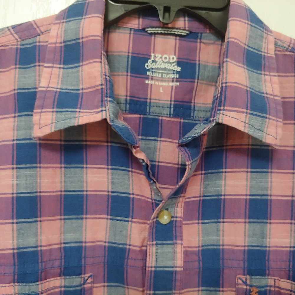 IZOD Saltwater.  Pink Plaid Short Sleeve Shirt.  size Large - Picture 4 of 7